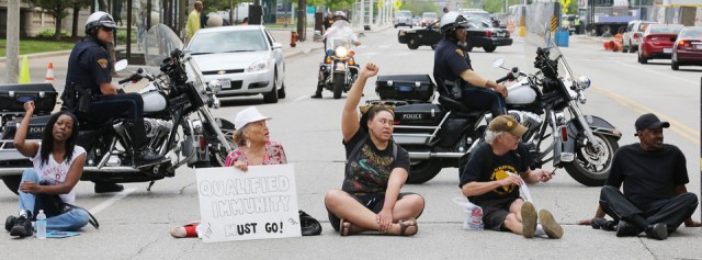 Cleveland protesters block traffic earlier in the week.