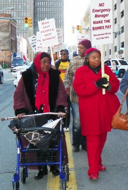 Older city retirees were among hundreds who protested outside bankruptcy court April 1, 2014.