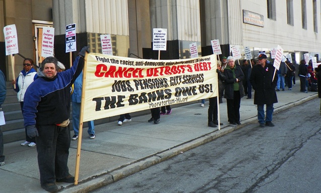 Protesters demanded cancellation of Detroit's debt to the banks outside bankruptcy hearings April 1, 2014.
