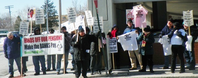 DAREA and supporters demonstrate outside big business luncheon honoring EM Kevyn Orr and bankruptcy judge Steven Rhodes Feb. 25, 2015. DAREA and other groups have demanded cancellation of Detroit