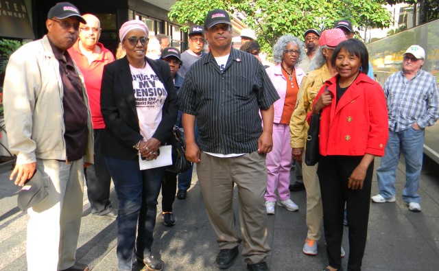 DAREA members disembark from bus in Cincinnati June 15, 2016. In center is DAREA President Bill Davis, to his right is DAREA VP Cecily McClellan. At far right is retiree Ezza Brandon. They were allowed to wear their "Hands off my Pension" T-shirts in the 6th Circuit courtroom as arguments on bankruptcy appeals were heard. The bus was full, with over 40 retirees.
