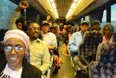 DAREA members show their fighting spirit on the bus. The ride took a little over 4 hours, taking off from the parking lot of the Dearborn Public Library.