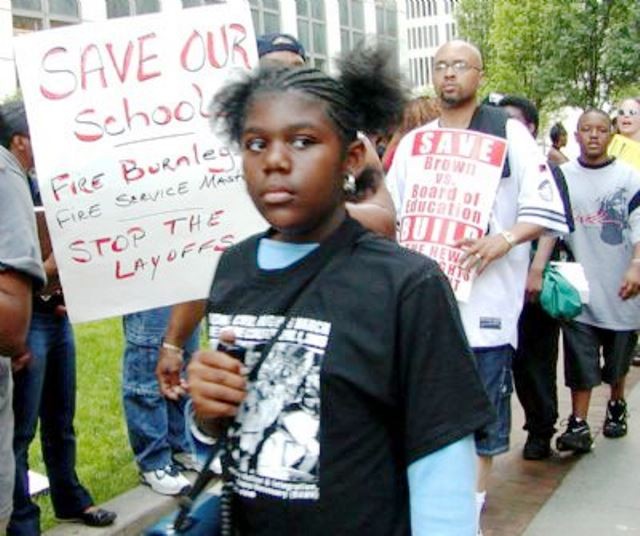 DPS student Sasha Alford during 2005 protest against school closings and layoffs, outside the Coleman A. Young Center. Photo: Diane Bukowski