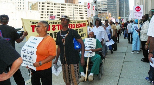 Detroit retirees and supporters at bankruptcy protest Aug. 19, 2013.
