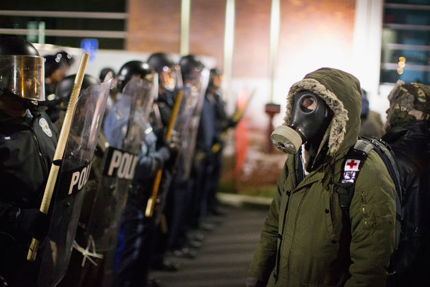 Ferguson cops and protesters outside police station Nov. 22, 2014.