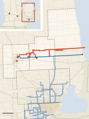 Map shows KWA pipeline in red, DWSD pipelines in blue.