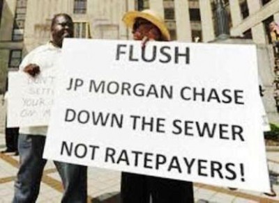 Demonstration in Birmingham, Ala. against Jefferson County bankruptcy plan. JP Morgan Chase was involved in the corrupt "sewer warrants" that caused the majority of the county's debt.
