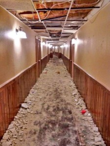 TreeTops resort hallway after frat boys trashed it in January,