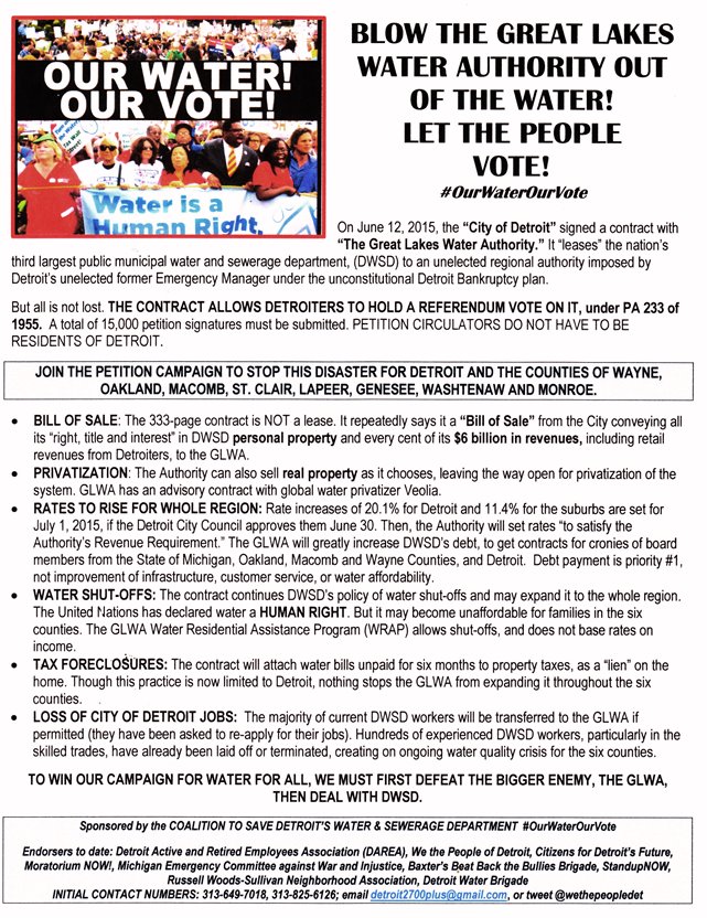 Flier for the Detroit Coalition to Save Detroit's Water & Sewerage Department.