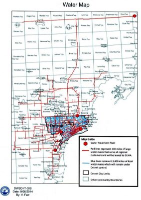 GLWA ownership of all outlying areas in six counties, plus water plants and major mains in Detroit. Graph from bankruptcy press conference.