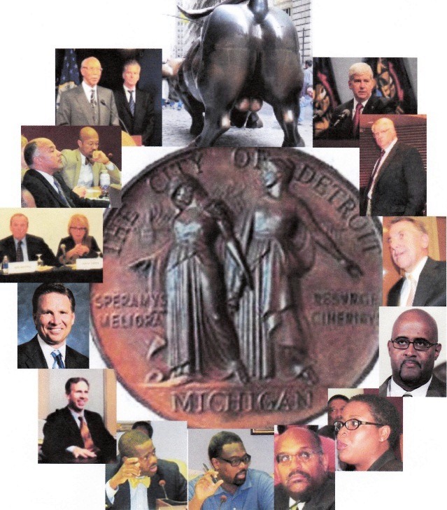 PARTICIPANTS IN RAPE OF DETROIT (from top clockwise): WALL STREET, MICH. GOV. RICK SNYDER, DETROIT PMD KRISS ANDREWS, MILLER CANFIELD ATTY. MICHAEL MCGEE, COUNCILMAN KEN COCKREL, JR, COUNCILWOMAN SAUNTEEL JENKINS, FISCAL ANALYST IRVIN CORLEY, COUNCILMEN JAMES TATE, ANDRE SPIVEY, MILLIMAN CEO STEVEN WHITE, STIFEL CEO RON KRUSJEWSKI, FAB LEADERS KEN WHIPPLE, SANDRA PIERCE, COUNCIL LEADERS GARY BROWN, CHARLES PUGH, MAYOR DAVE BING, STATE TREASURER ANDY DILLON. 