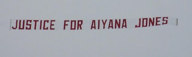 Sky banner flown across Detroit on the third anniversary of Aiyana's death, by the Justice for Aiyana Jones Committee.