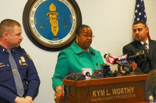 Wayne County Prosecutor Kym Worthy announces charges against Williams at press conference April 20, 2015.
