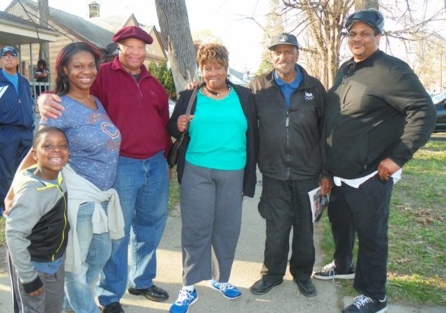 At April 28, 2015 rally for Terrance Kellom, 19, executed by ICE and Detroit police earlier that month, members of the Original Detroit Coalition Against Police Brutality: (l to r) Lamar Grable with his mother Arnetta Grable Jr., Butch Carrington, Arnetta Grable Sr., Herman Vallery, and Cornell Squires.