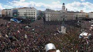 Hundreds of thousands of anti-austerity protesters fill square in Madrid Feb. 3, 2015. Attack on workers' pensions, wages, benefits, safety net is world-wide.