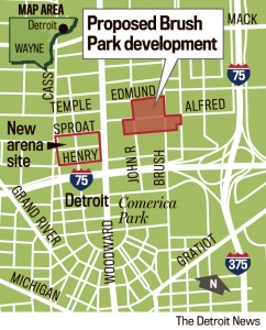 This map by the Detroit News shows the small area of Brush Park involved in the Duggan-Gilbert development. Note its proximity to Mike Illitch's new Red Wings arena and retail site, as well as Comerica Park and Ford Field. Brush Park's original area ranged west of Woodward to east of 1-75.