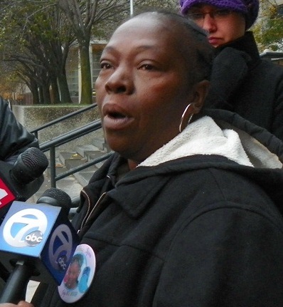 Mertilla Jones at press conference Oct. 29, 2012, demanding trial for Joseph Weekley. Continued protests eventually forced him to court.