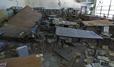 New Orleans public school classroom destroyed by Katrina. The state proceeded to dismantle the entire district afterwards.