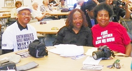 (L to r) Rev. Pinkney, wife Dorothy, staunch supporter and organizer Marcina Cole during support event at UAW Local 22 hall Sept. 8, 2014.