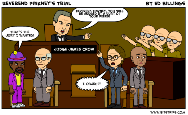 Benton Harbor Mayor James Hightower is at left in this cartoon depicting Rev. Pinkney's jury,