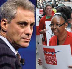 Chicago Mayor Rahm Emanuel, U.S. Pres. Barack Obama's  former education cabinet member, counterposed with one of chief opponents, Chicago teachers, who have struck to stop school closings and other cuts.