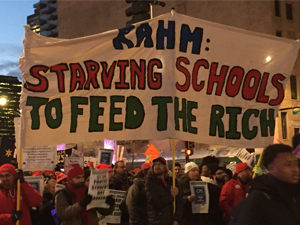 Teachers target Rahm Emanuel during protest where they occupied the Bank of America and withdrew CTU funds from the bank.