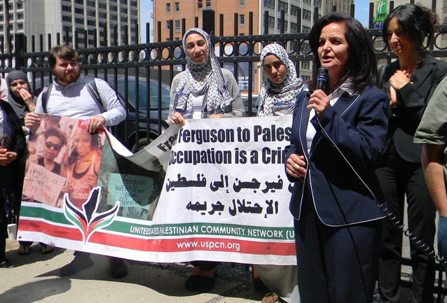 Rasmea Odeh thanks her supporters outside the Detroit federal courthouse June 13, 2016.