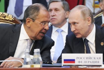 Russian Foreign Minister Sergey Lavrov and President Vladimir Putin confer over US-led air strike in Syria. AP