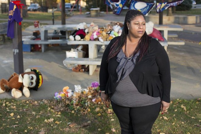 Samaria Rice at site of son's killing in Cudell Rec Center park.
