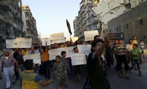 Syrian activists in Aleppo protest U.S. failure to get ISIS out of their city.