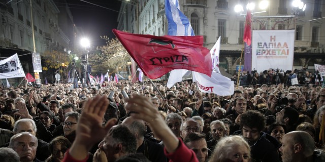 Did Greeks want MORE austerity measures when they voted Tsiparas in? Supporters of Alexis Tsipras, leader of Greece's Syriza left-wing main opposition party attend his pre-election speech at Omonia Square in Athens Thursday, Jan. 22, 2015. . (AP Photo/Lefteris Pitarakis)