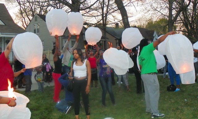 Floating lanterns are lit.