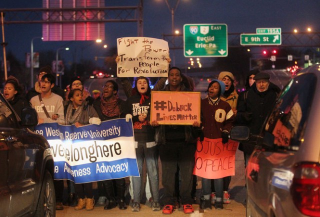 Front shot of Tamir Rice protesters occupying downtown Cleveland freeway.
