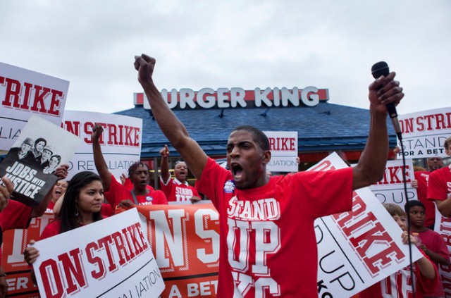 Terrance Wise leading strike at Burger King in Kansas City/ photo NYT