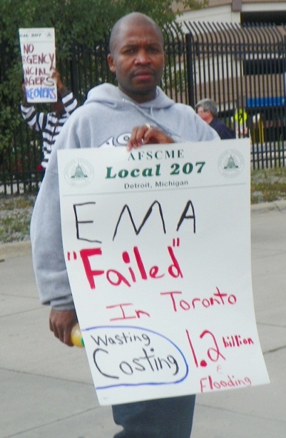 Detroit Wastewater Treatment Plant worker during wildcat strike Sept. 30, 2012. EMA now runs the WWTP; 3 major sewage pumps are not working.